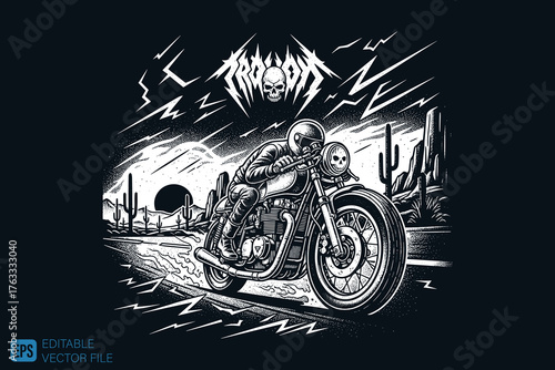 Skull Rider on a Motorcycle in a Desert Landscape.