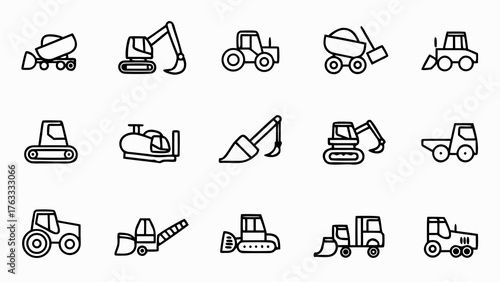 Collection of construction vehicles and farm equipment in outline style on a white background image design