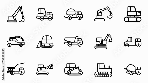 Collection of construction vehicles and heavy machinery in simple outline vector graphics style design