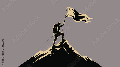 Triumphant hiker plants flag atop rugged mountain peak celebrating ultimate achievement and summit success in stunning silhouette style