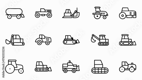 Outline illustration of various construction and agricultural vehicles in a grid arrangement