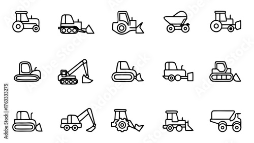 Illustration of various construction vehicles including tractors, bulldozers, and excavators in black outline