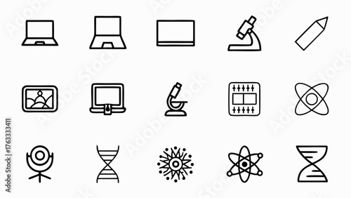 Illustration of science and technology icons including laptops microscopes atoms and dna strands in black line art