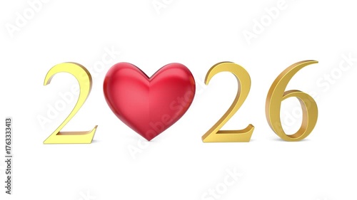Happy New Year 2026 with golden numbers and red heart
