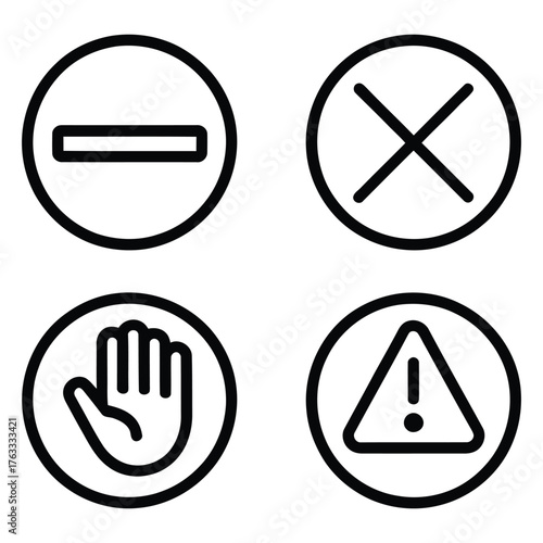 black and white warning and prohibition icons set with minimal circular design for signage, ui alerts, safety symbols, and interface use