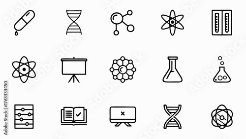 Collection of science and education themed line icons featuring dna molecules and laboratory equipment
