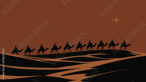 Wise men journey by camel caravan under the guiding star across desert dunes, symbolizing faith and ancient pilgrimage