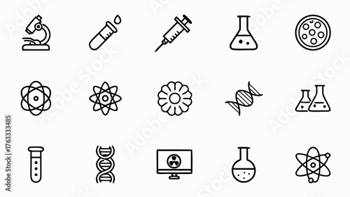 Illustration of scientific and medical icons including microscope and test tubes and dna strands