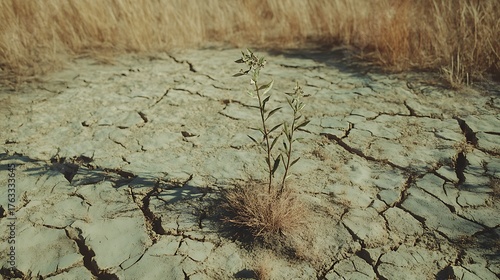 A dry, cracked field with a single wilted plant, representing drought and agricultural struggles