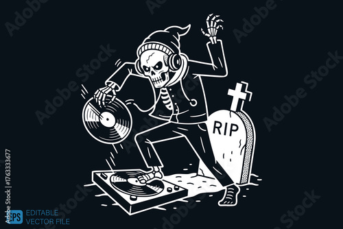Skeleton DJ Playing Music at a Graveyard Party.