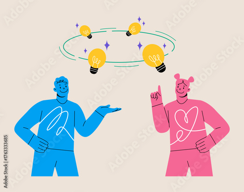 Exchange perspective concept. Man and woman having conversation with idea light bulbs spinning.  Colorful vector illustration