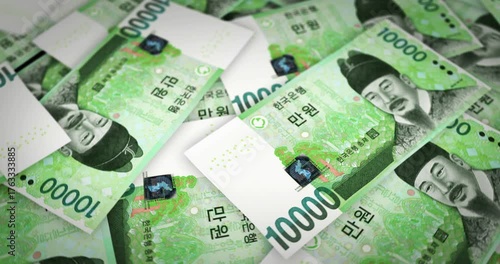 South Korea 10000 Won growing pile of money. KRW banknotes loop rotaring. Seamless and looped background concept of finance, economy crisis, inflation and business.