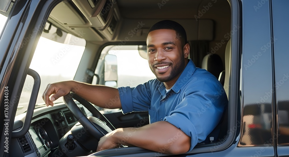 Obraz premium Black man truck driver gripping steering wheel on highway. Professional male trucker on road, long haul journey concept for logistics and transport.