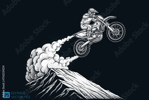 Motocross Rider Leaping Over Mountain Peak with Trail of Dust.