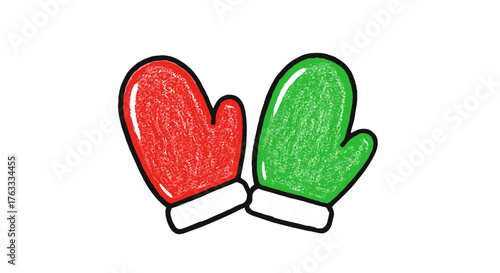 Crayon vector of mitten gloves pair, red and green colors, wax texture, white background