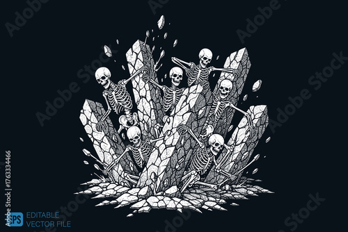 Skeletons Emerging from Crystals - A Macabre Dance of Life and D
