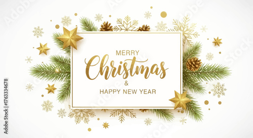 Elegant gold Merry Christmas and Happy New Year greeting card with festive pine branches, stars, and snowflakes for holiday celebrations