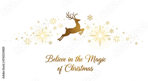 Magical golden reindeer leaps amongst shimmering stars and snowflakes, inspiring the spirit of Christmas wonder and joy for festive celebrations.