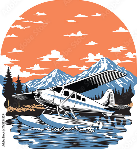 Vintage Floatplane Landing on Alaskan Lake Vector Art