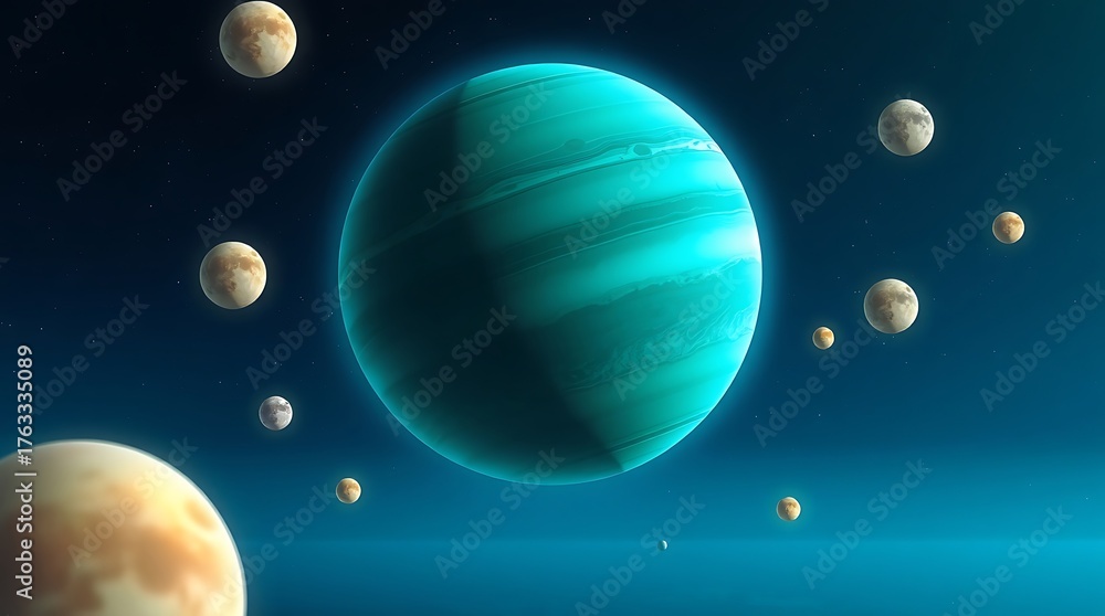 Obraz premium A teal planet with moons in a dark blue space