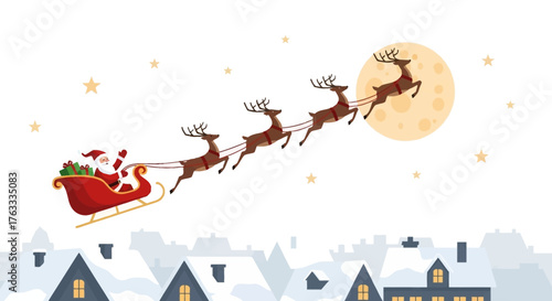 Santa Claus and his reindeer sleigh soar through a starry night sky delivering gifts over a snowy village rooftops scene