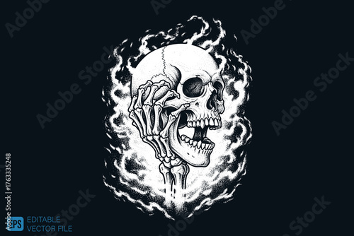 Screaming Skull with Hand on Head Surrounded by Ethereal Smoke.
