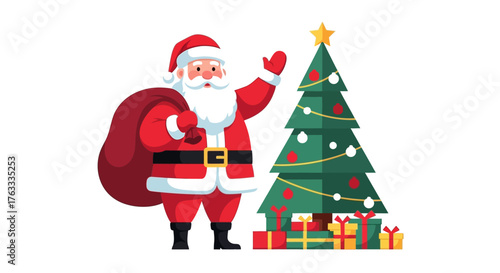 Jolly Santa Claus with gift sack waves hello beside decorated Christmas tree and presents, spreading holiday cheer and festive spirit.