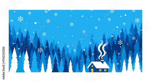 Cozy cabin nestled in snowy forest with warm light glowing, inviting winter escape and peaceful holiday atmosphere