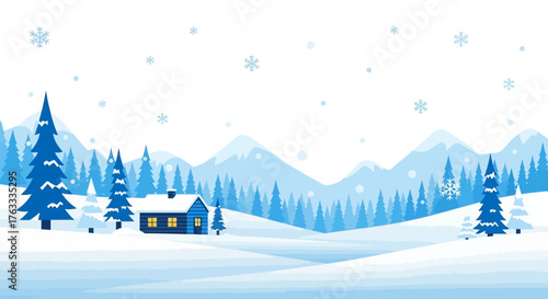 Cozy cabin nestled in a serene snowy mountain landscape with gentle snowfall creating a peaceful winter wonderland scene.