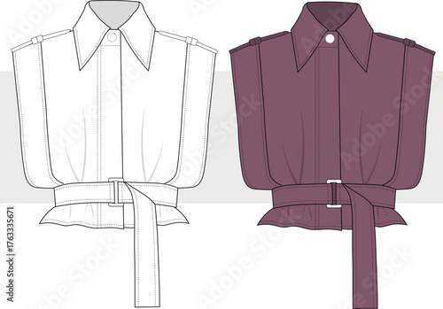 Women's Crop Belted Vest Fashion Technical Drawing, Illustration. Vest Flat Sketch, Vector. Front View, CAD, Mockup.