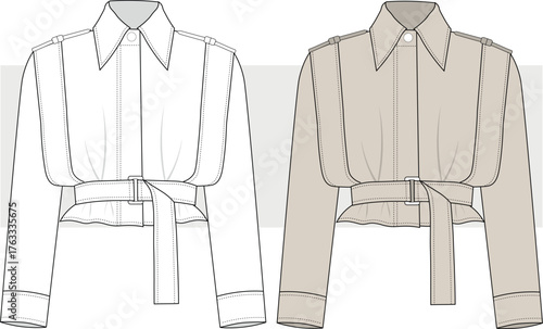 Crop Belted Jacket Fashion Technical Drawing, Illustration. New Style Jacket Flat Sketch, Vector. Front View, CAD, Mockup.