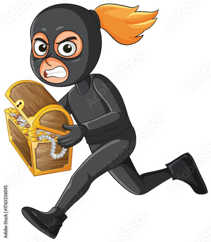 Masked Thief Running With Treasure Chest Illustration