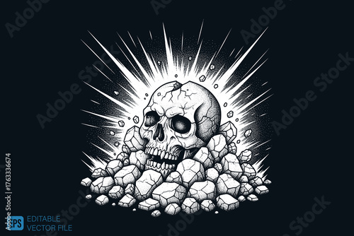 Gritty Skull Emerging from Rocks with Explosive Radiance.