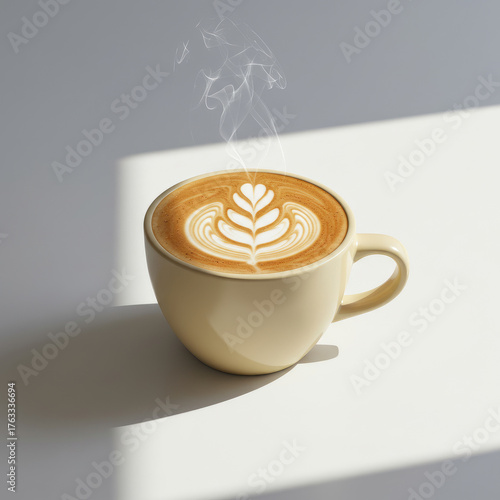 A steaming cup of latte art on a white table with sunlight casting a shadow nearby