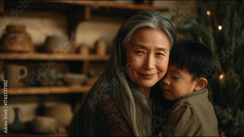 An Asian woman with long gray hair, dressed in modest house clothes, hugs her grandson, while wooden shelves in a cozy living room are decorated for Christmas in the background.