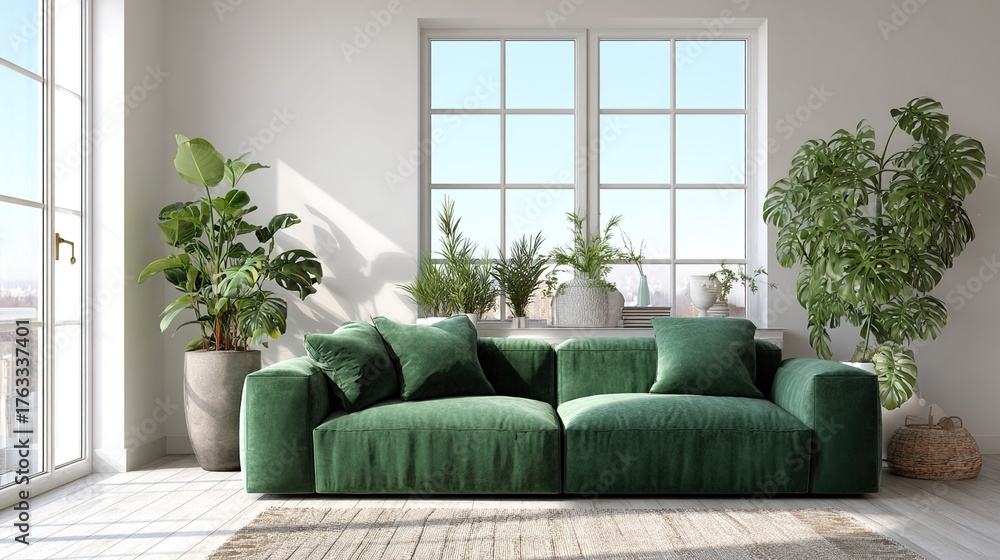 Naklejka premium sofa. Elegant green sofa in a minimalist living space, blending natural light and simple decor for modern comfort. real-estate listings.