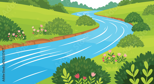 Lush Green Nature Landscape with Winding River and Flowers Vector Illustration