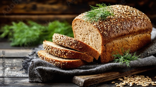 Warm, freshly baked multigrain loaf topped with sesame seeds and dill, sliced on a rustic wood surface. A delightful culinary scene invoking wholesomeness and flavor.