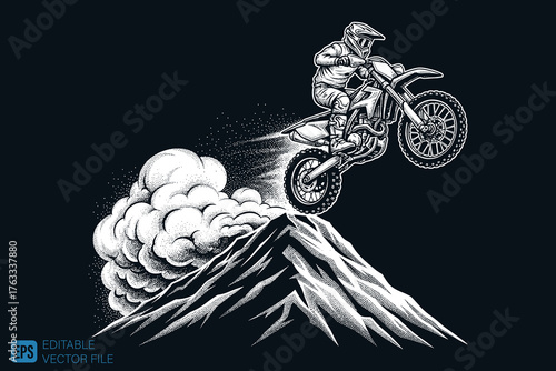Motocross Rider Leaping Over Mountain Peak with Dust Cloud.