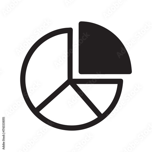 Simple black and white pie chart icon representing data segmentation and financial analysis visualizing business performance metrics and market share breakdown