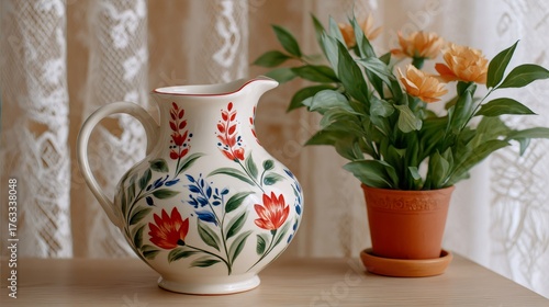 Wallpaper Mural Ceramic pitcher with floral pattern and potted orange flowers Torontodigital.ca