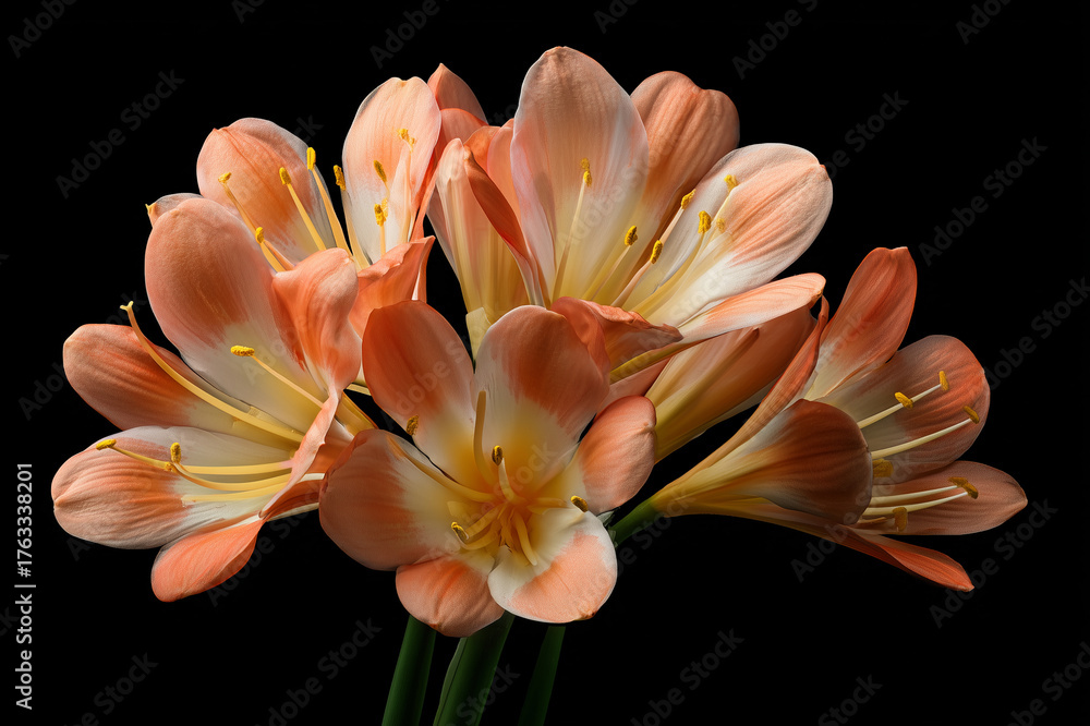 Fototapeta premium Close-up of delicate orange flowers clustered against a black background, showcasing soft petals, yellow stamens, and vibrant floral textures in dramatic low-key botanical lighting.