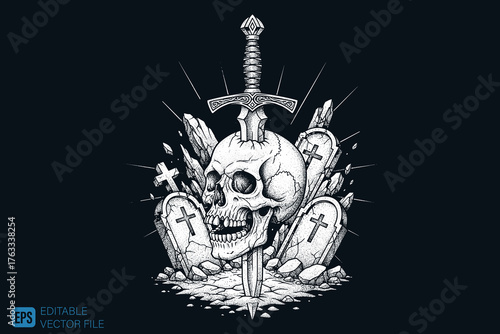 Skull and Sword with Gravestones Dark Art Illustration.