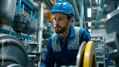 Engineer's Precision in Action: A focused engineer, donned in protective gear, meticulously inspects complex machinery, symbolizing precision and expertise in an industrial environment.