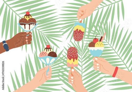 Group of diverse hands holding various delicious ice cream desserts.