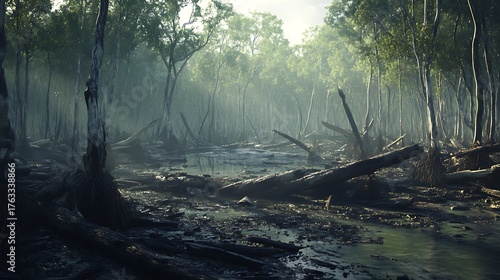A mangrove forest being destroyed by illegal logging, with fallen trees and scattered debris