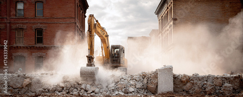Urban demolition scene featuring a powerful excavator amidst dust and debris, contrasting progress with destruction. Suitable for themes of urban renewal, construction, and industrial change.