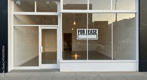 Empty storefront with a for lease sign in the window, ready for a new business or tenant