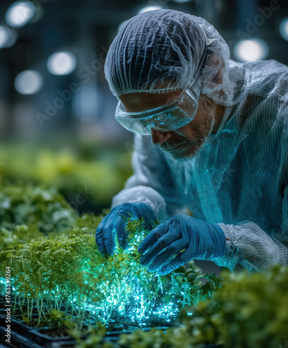 Scientist in clean laboratory environment carefully examines glowing plants, showcasing dedication and innovation in research. atmosphere is vibrant and focused