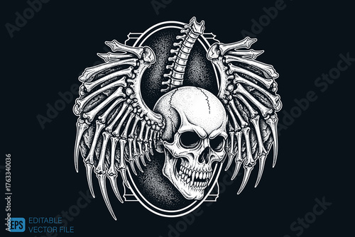 Detailed Skull with Bone Wings and Spinal Column Artwork.